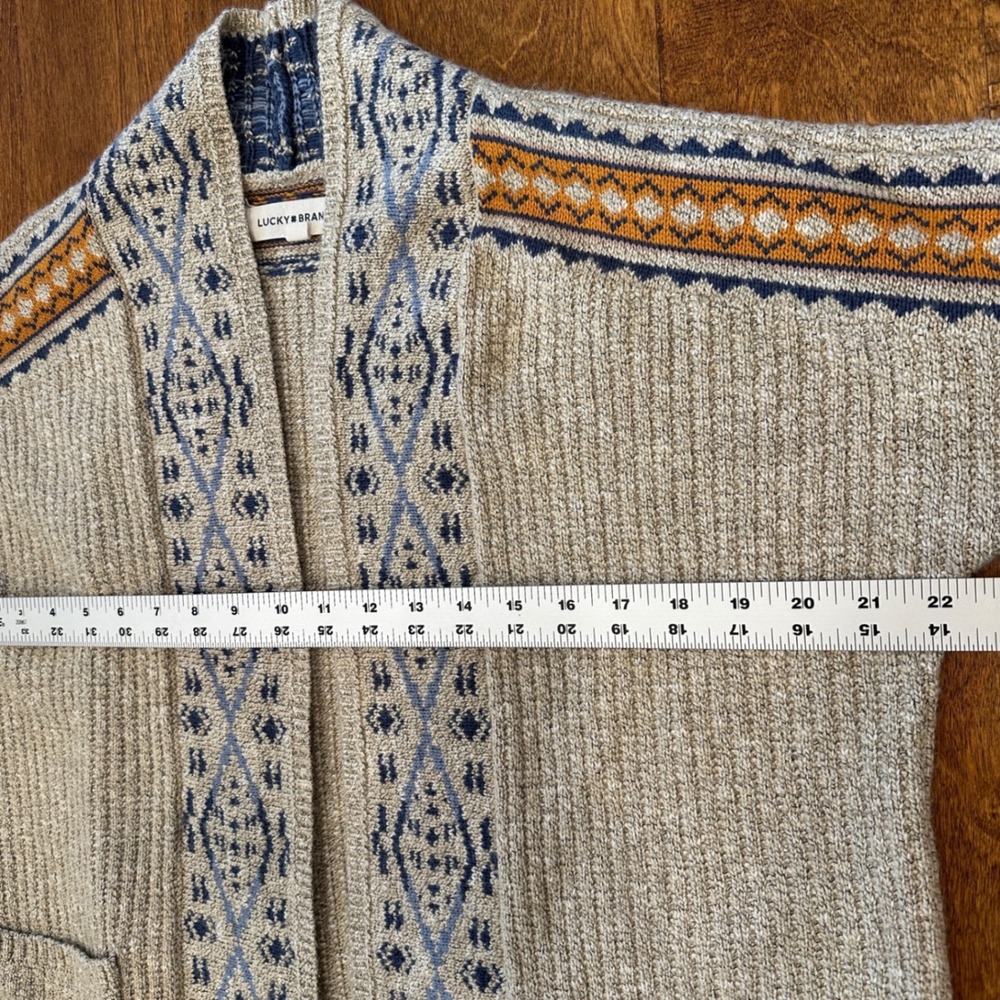 Lucky Brand Cardigan Sweater Sz Large Beige Southwestern Aztec Knit Open Front - Picture 6 of 10